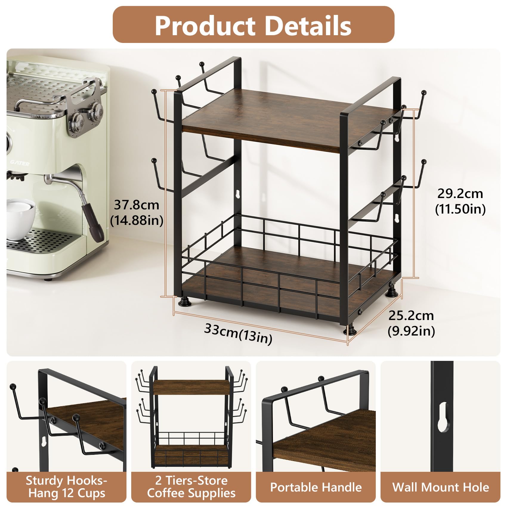 PONEYA 2 Tier Coffee Bar Organizer for Countertop, Coffee Mug Holder with 12 Hooks, Space-Saving Coffee Cup Stand for Storage Cups, Mugs, Syrups, Tea Bag, Kitchen Home Accessories