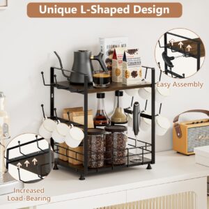 PONEYA 2 Tier Coffee Bar Organizer for Countertop, Coffee Mug Holder with 12 Hooks, Space-Saving Coffee Cup Stand for Storage Cups, Mugs, Syrups, Tea Bag, Kitchen Home Accessories