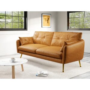 82" faux leather couch, mid century upholstered 3 seater sofa comfy couch for living room bedroom, luxury tan brown leather couch with solid wood frame and metal legs | filled with down and cotton