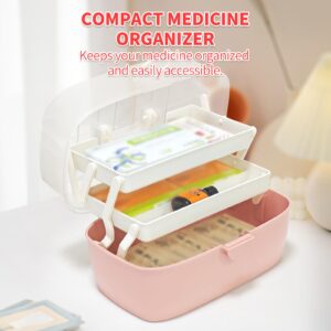 3-Layer Multipurpose Storage Box Organizer Folding Tool Box/Art & Crafts Case/Sewing Supplies Organizer/Medicine Box/Family First Aid Box with 2 Trays (Pink)