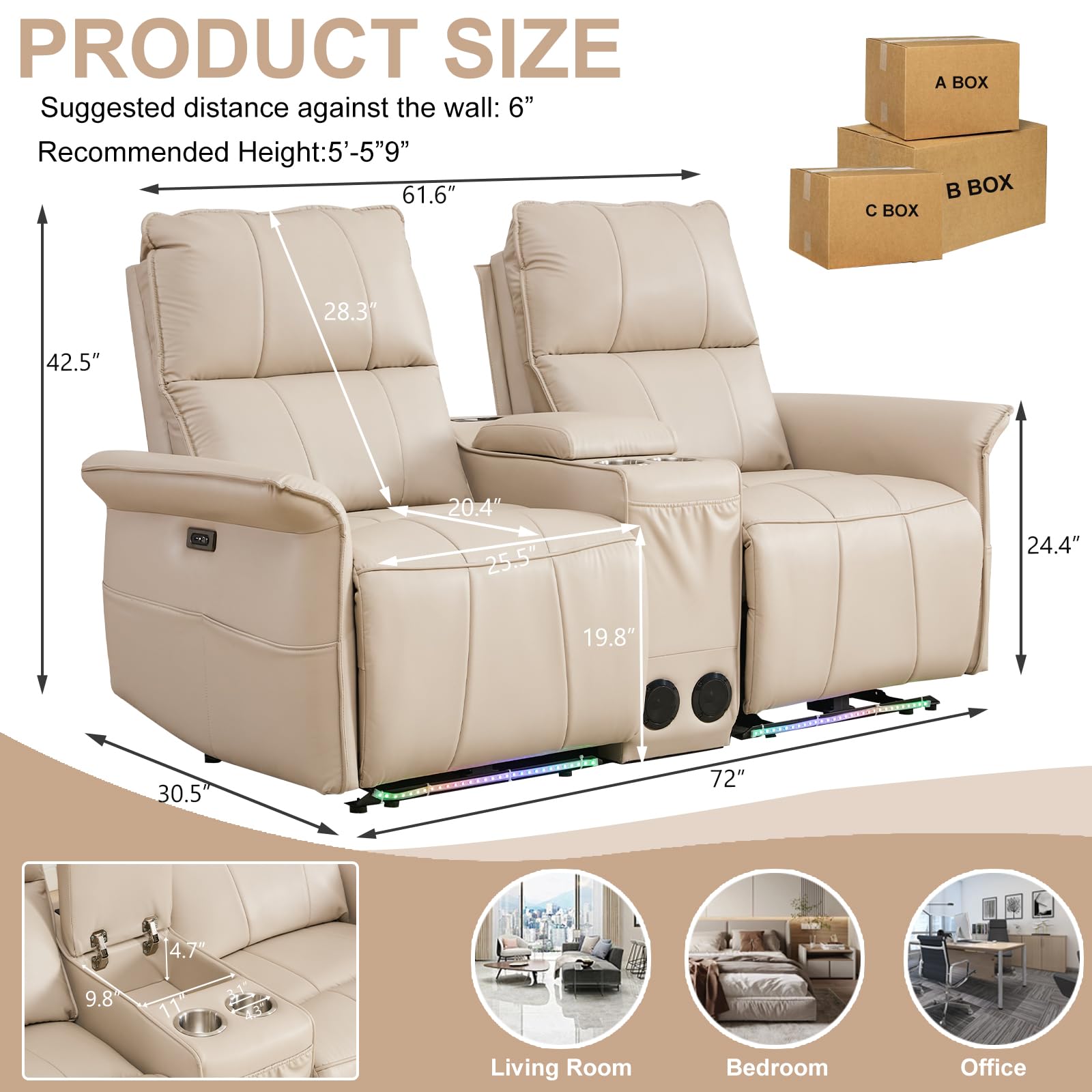 72" RV Loveseat Recliner Wall Hugger, Power Reclining Loveseat with Console, Double Recliner Loveseat Wall Hugger Loveseat Recliner with Power Strip/USB/Type C/Cup Holders/LED Light/Bluetooth Speaker