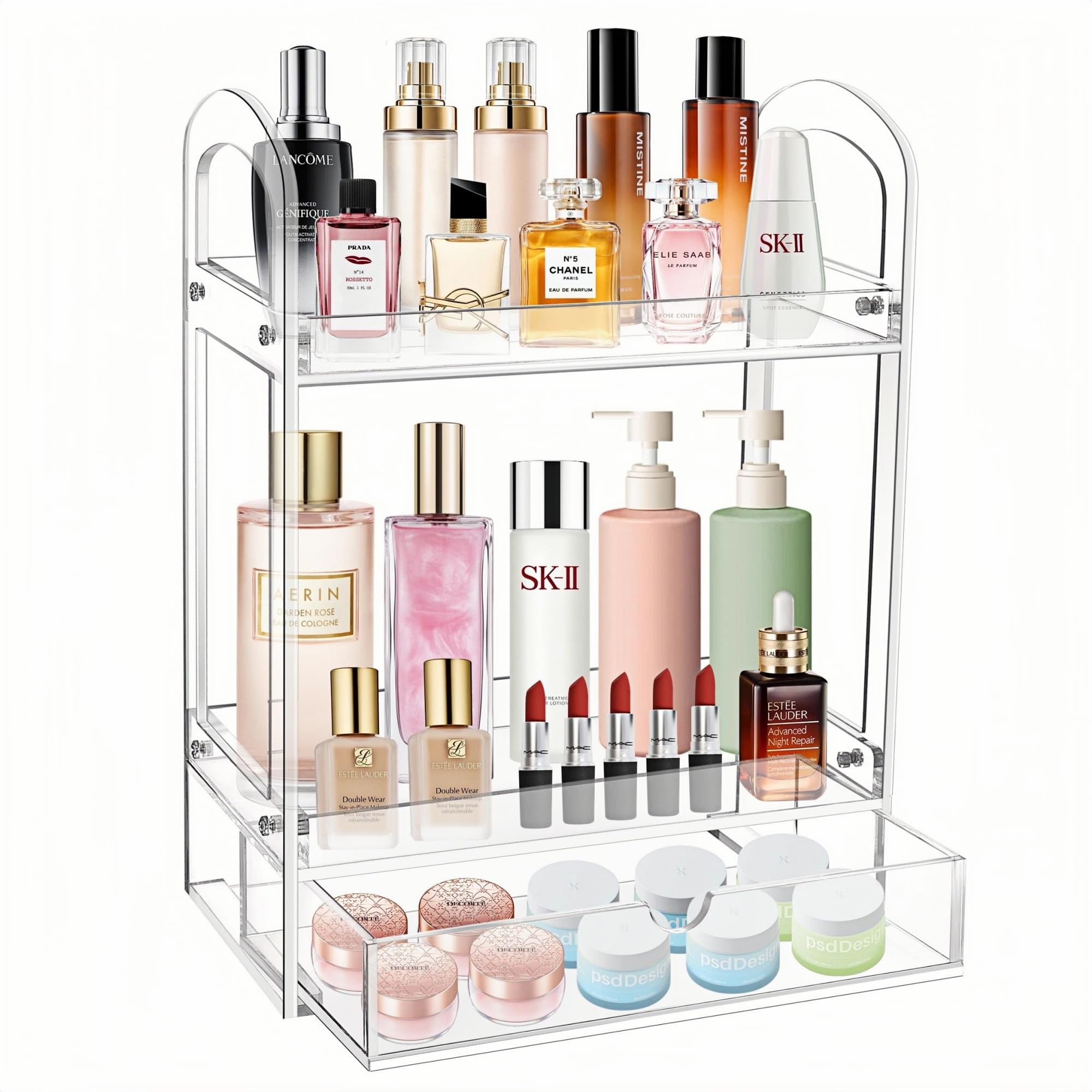 WGF 2-Tier Bathroom Counter Organizer with Drawer, Acrylic Bathroom Organizer, Makeup Organizer Countertop, Multi-Purpose Vanity Organizer, Kitchen Organizer, Versatile for Bathroom Vanity Kitchen