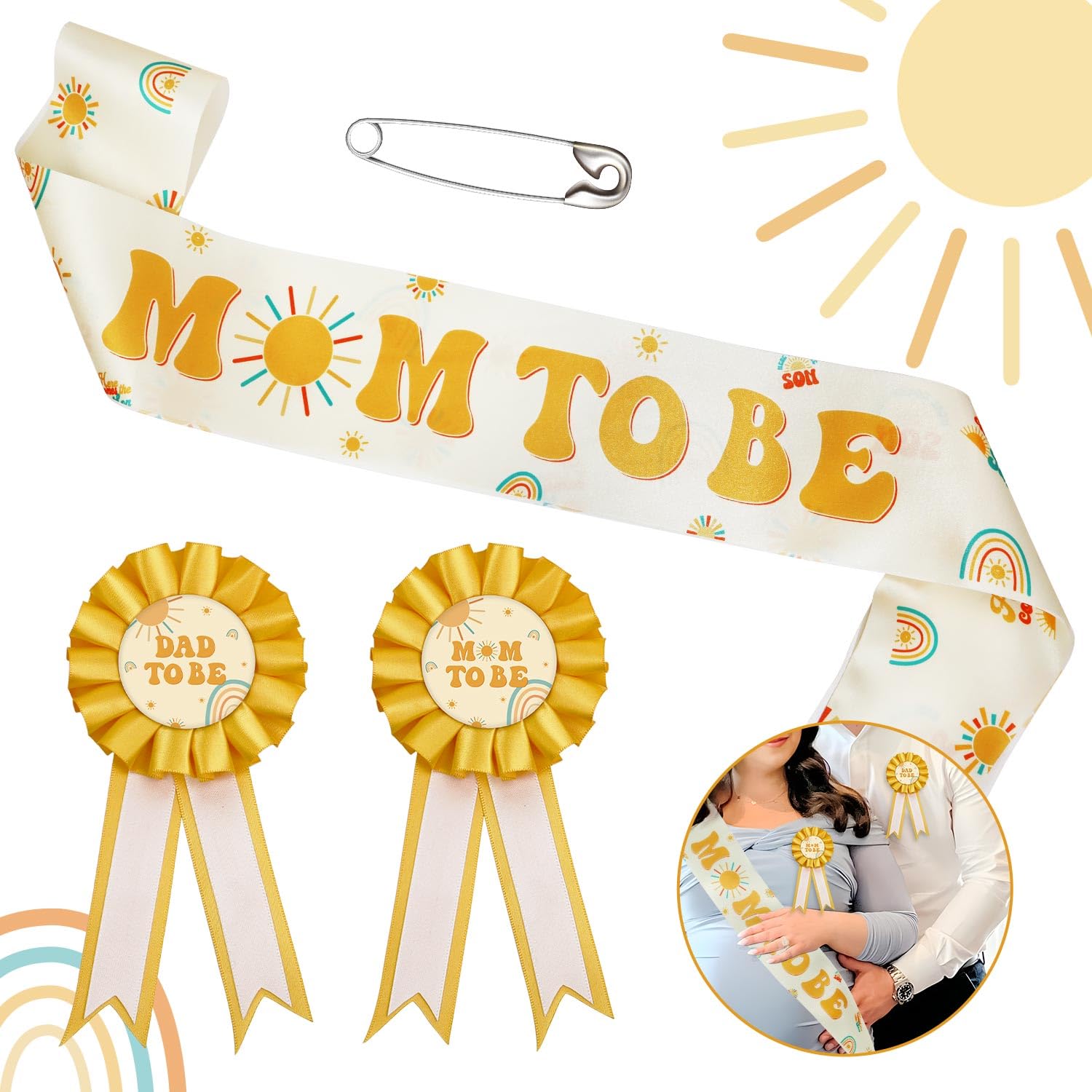 Lopeastar Here Comes the Son Baby Shower Decor Mom to Be Sash Dad to Be Corsage Set, Boho Sun Mommy to Be Sash Baby Shower Sash Set Party Decorations