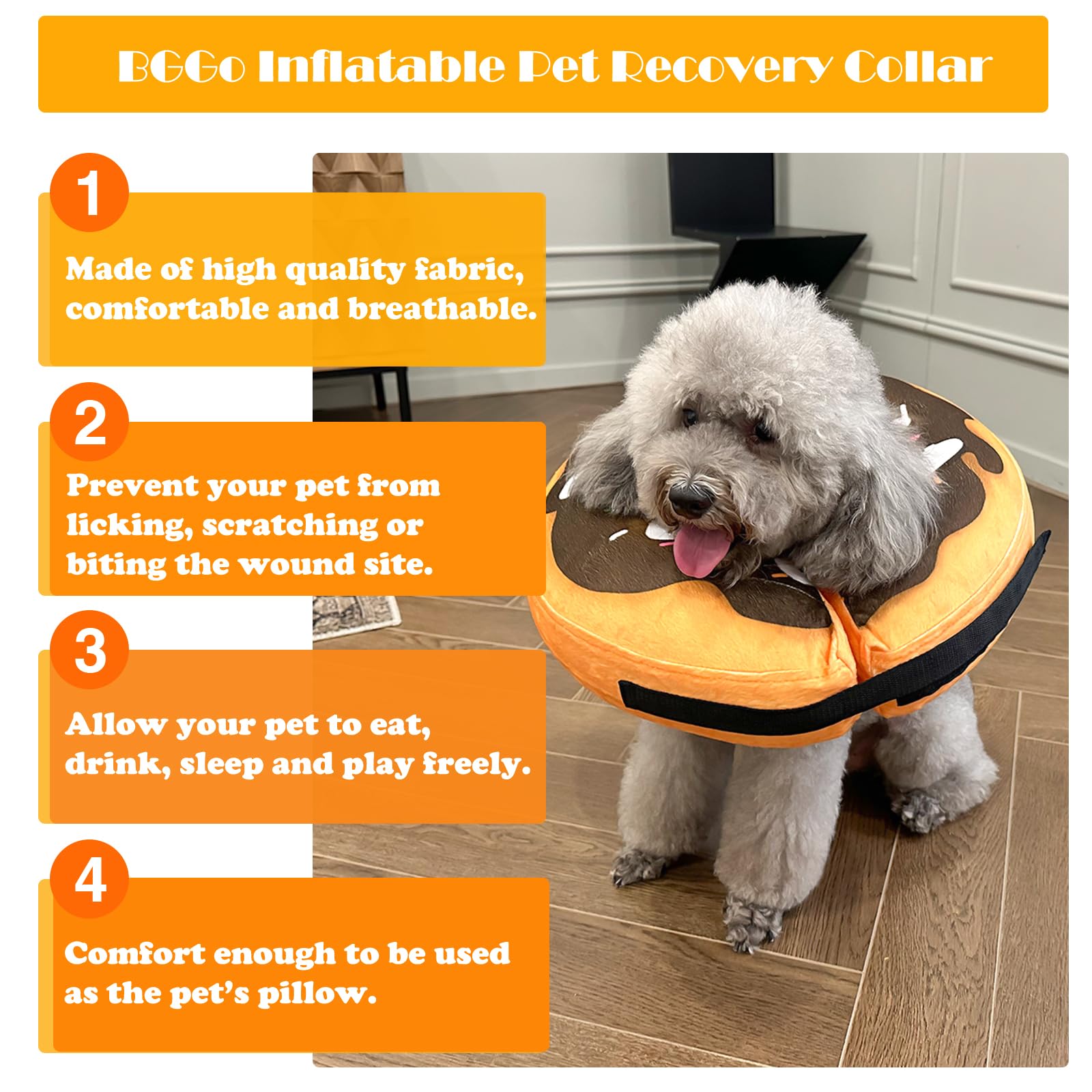 BGGo Inflatable Dog Cone, Dog Donut Collar for After Surgery, Soft Adjustable Blow up Dog E-Collar for Small Medium Large Dog and Cats