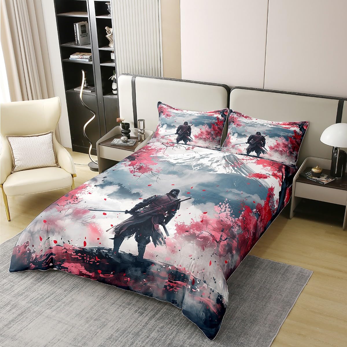 Erosebridal 100% Cotton Japanese-Style Duvet Cover Japanese Samurai Comforter Cover Twin Size Pink Cherry Blossom Bedding Set Mount Fuji Pattern Bed Set Ink Painting Duvet Insert with 1 Pillowcase