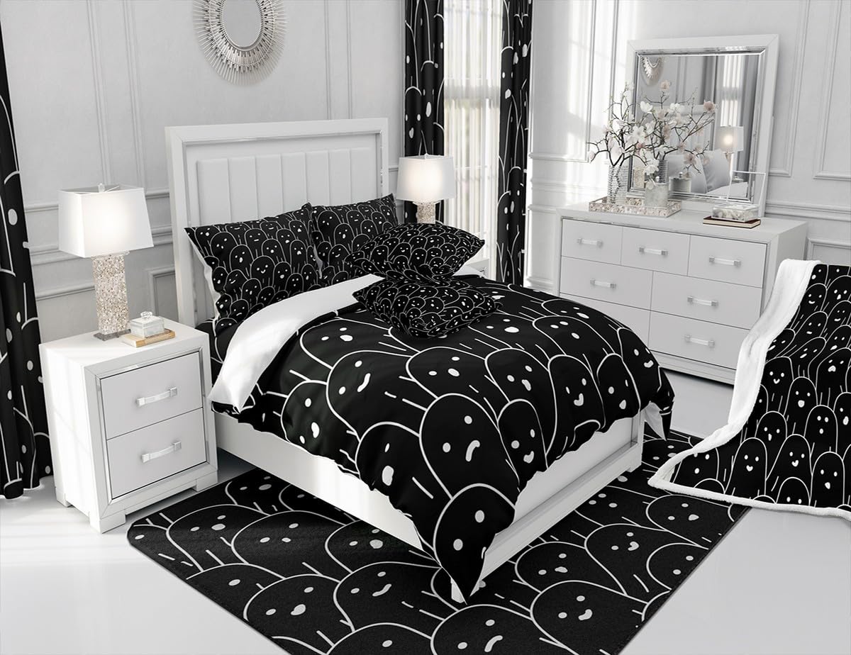 Cute Ghost Bedding Set,Black White Ghost Comforter Cover Set for Teens Women Room Decor,Cartoon Halloween Duvet Cover Breathable Funny Ghost Bedspread Cover Full Size(No Comforter)