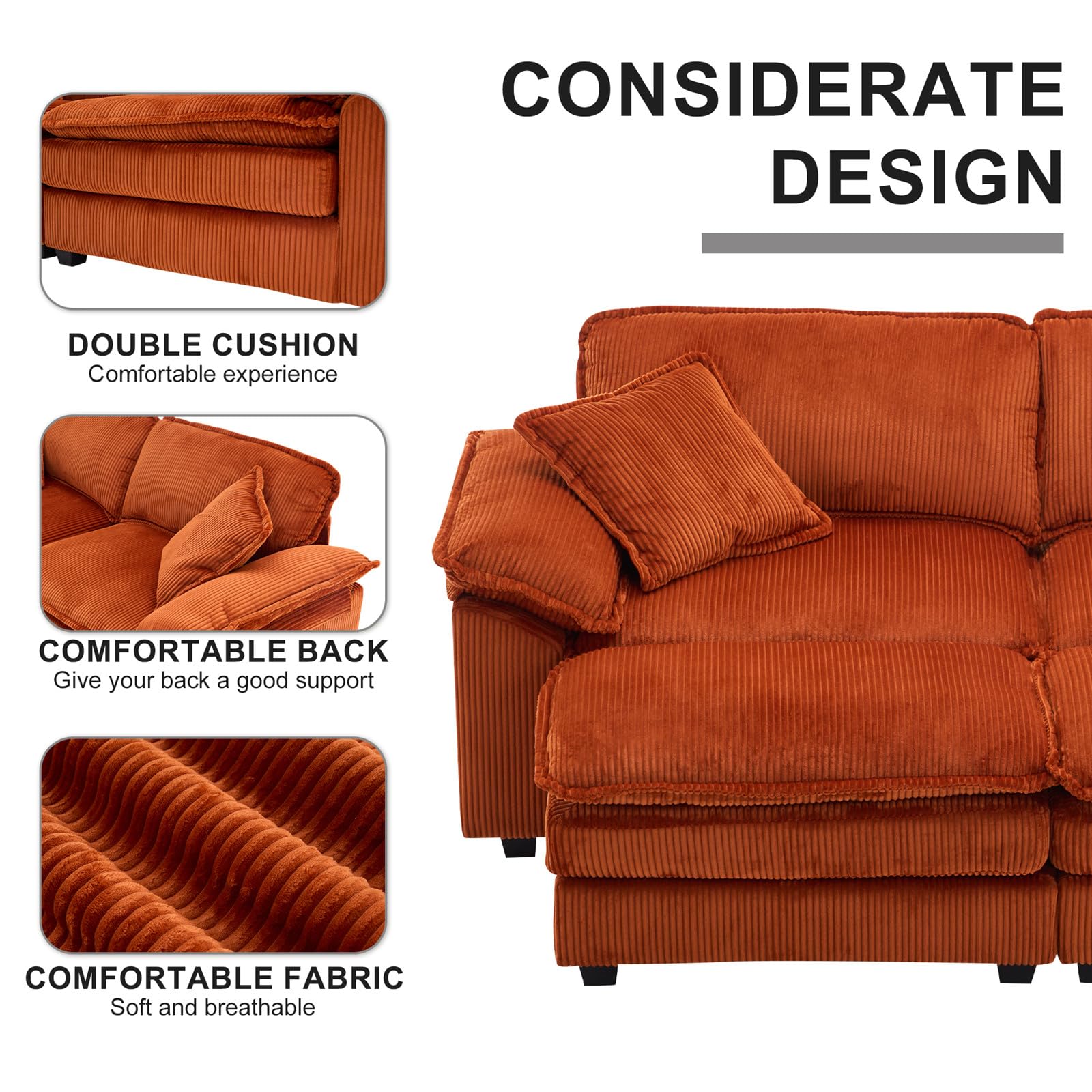 84" Stupendous Oversized Double Chaise Lounges Indoor, Comfy Corduroy Chaise Lounge Sleeper Chair with Ottoman, Convertible L Shaped Loveseat Deep Seat Modular Sectional Sofa for Living Room (Orange)