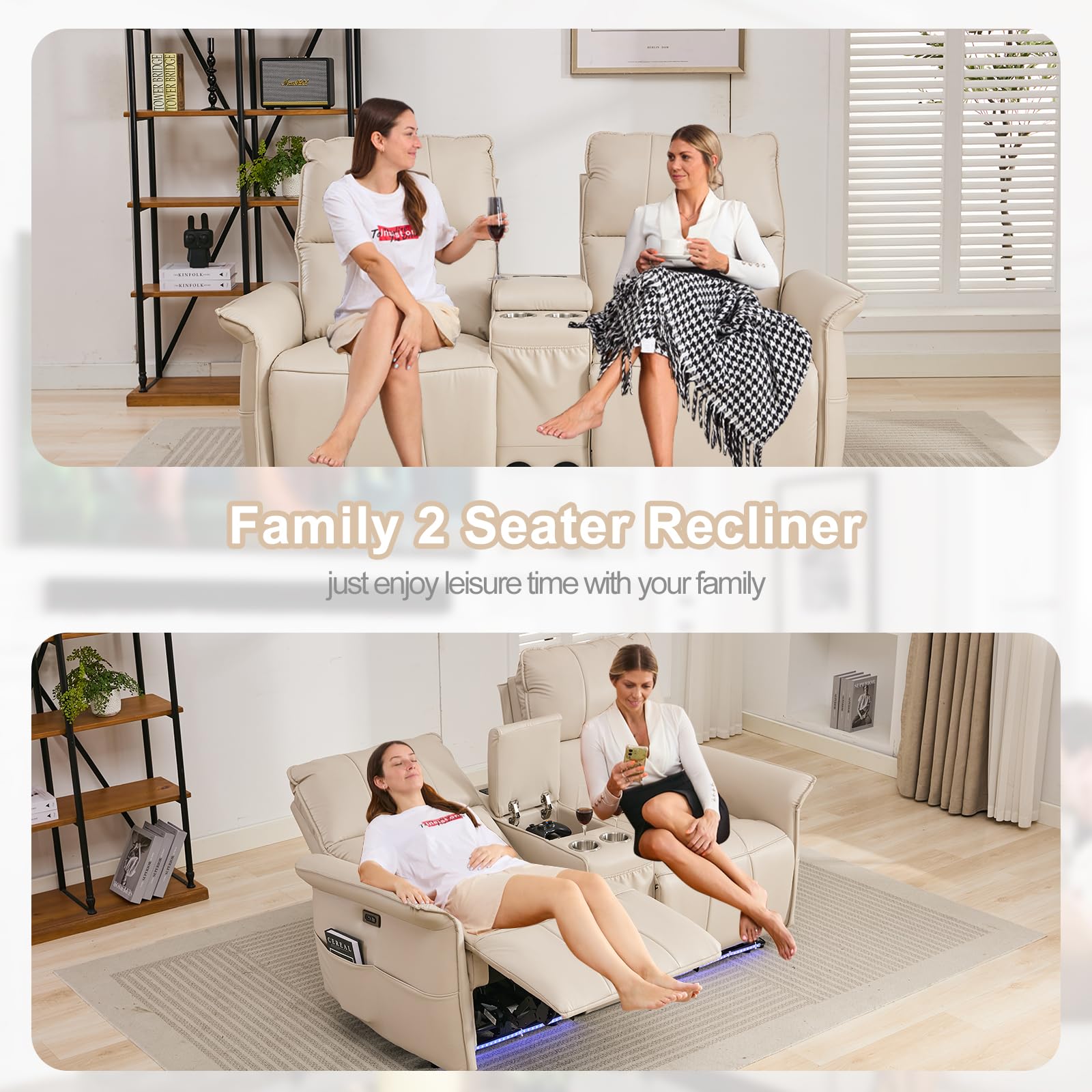 72" RV Loveseat Recliner Wall Hugger, Power Reclining Loveseat with Console, Double Recliner Loveseat Wall Hugger Loveseat Recliner with Power Strip/USB/Type C/Cup Holders/LED Light/Bluetooth Speaker