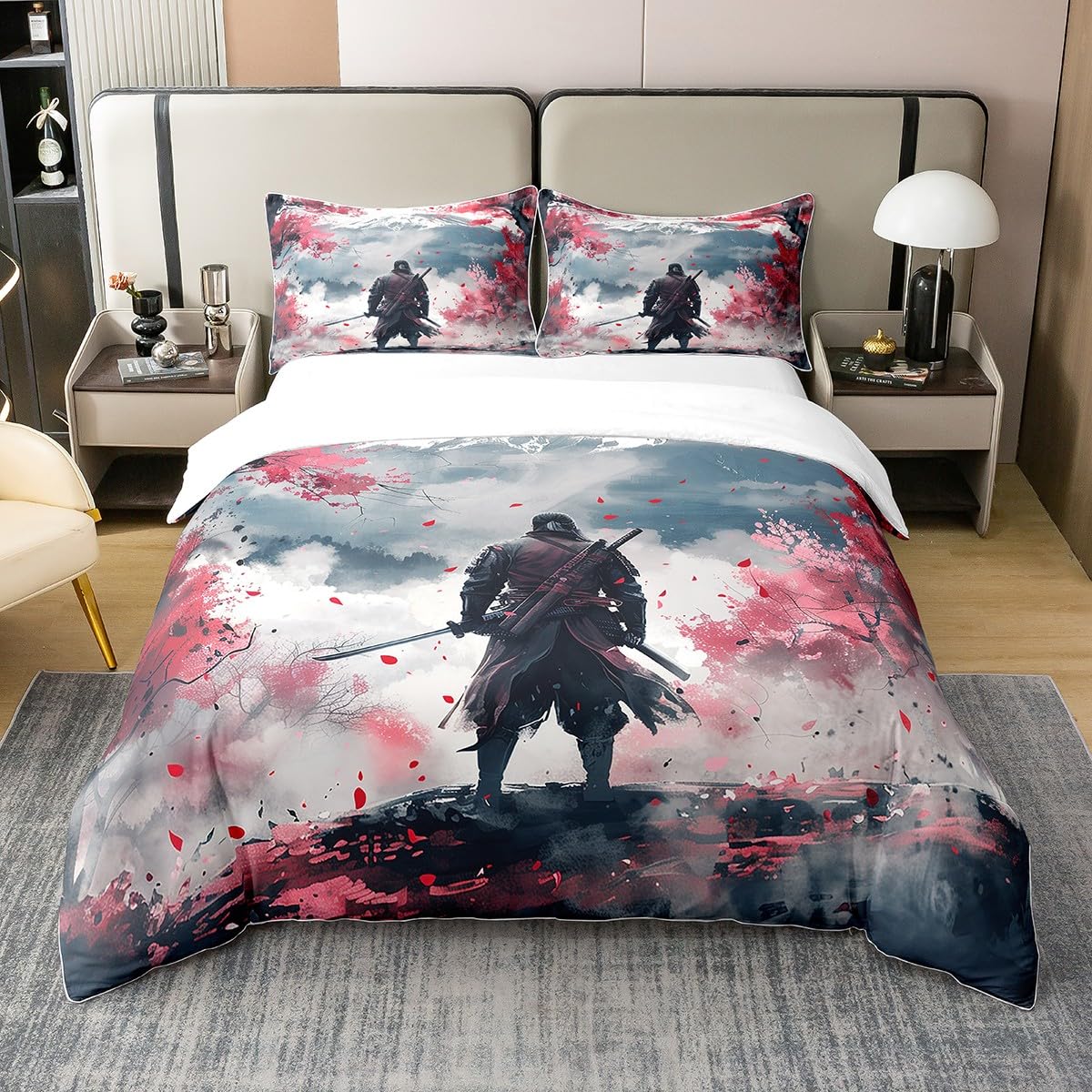 Erosebridal 100% Cotton Japanese-Style Duvet Cover Japanese Samurai Comforter Cover Twin Size Pink Cherry Blossom Bedding Set Mount Fuji Pattern Bed Set Ink Painting Duvet Insert with 1 Pillowcase