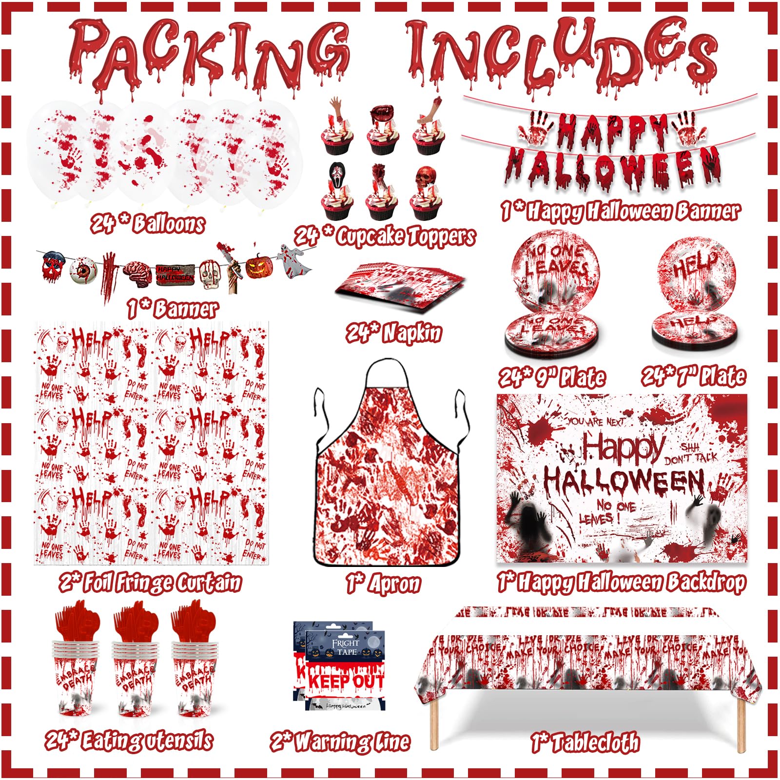 Halloween Party Supplies Tableware Set, Bloody Halloween Party Decorations, Halloween Scary Bloody Plates and Napkins Cups Plastic Tablecloth Dinnerware Set for Zombie Horror Theme Party Decorations