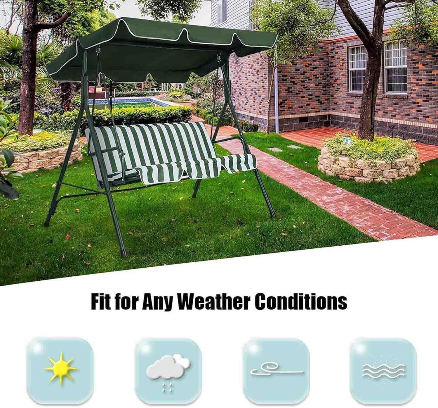 Porch Swing Canopy Replacement Waterproof Swing Top Cover Garden Swing Seat Replacement Canopy Sun Shade Awning Cover(Size:74x45 in,Color:GREEN)