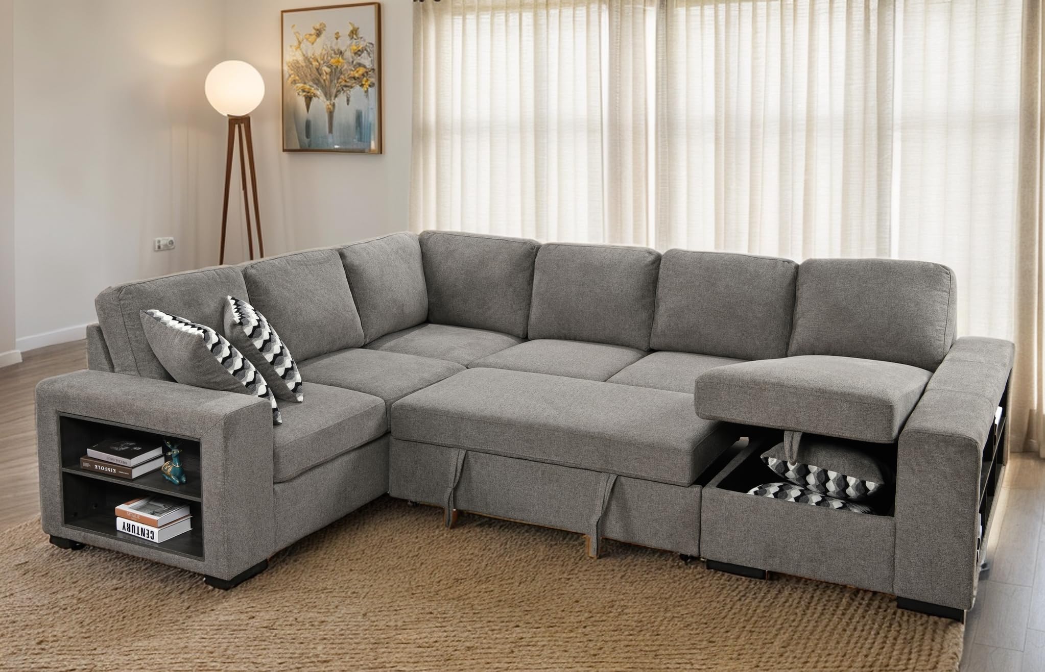 RENDGO 125'' U Shaped Oversized Sectional Sofa Couch with Cabinet,7 Seat Sectional Sleeper Sofa Bed with Storage Chaise, Pull Out Bed for Living Room,Grey