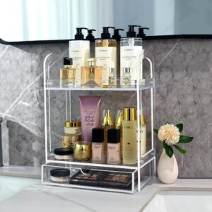 WGF 2-Tier Bathroom Counter Organizer with Drawer, Acrylic Bathroom Organizer, Makeup Organizer Countertop, Multi-Purpose Vanity Organizer, Kitchen Organizer, Versatile for Bathroom Vanity Kitchen