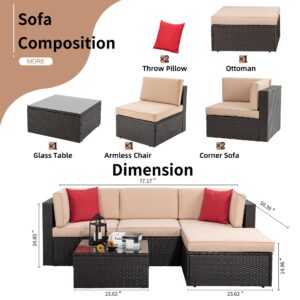 SUNLEI 5-Piece Outdoor Patio Furniture Set – All-Weather Sectional Sofa with PE Rattan and Manual Weaving, Includes Conversation Set with Glass Table, Ottoman, Cushions, and Red Pillows, Beige