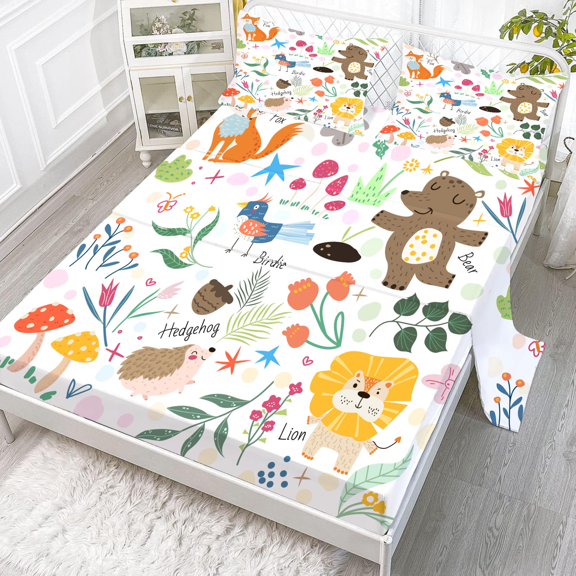 EDGZKO Sheet Set Cartoon Animals: Queen Size Cute Bed Sheets for Toddler Girls Boys Kids Deep Pocket Lovely Fox Bear Lion Flowers 4 Piece Bedding Sets 1 Flat Sheet & 1 Fitted Sheet & 2 Pillowcases