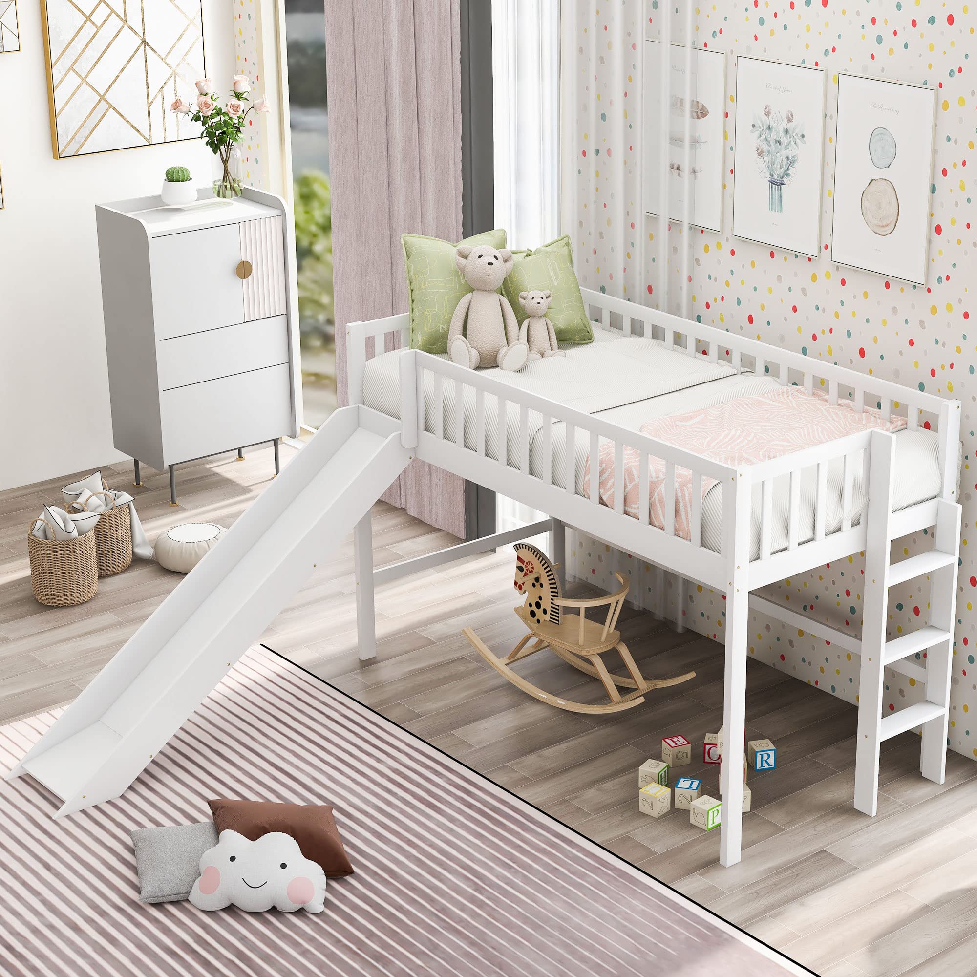 Bellemave Twin Size Loft Bed with Ladder & Slide, Toddler Loftbeds with Safety Rails,Wood Twin Low Loft Bed with Storage Space for Kids Toddler (White)