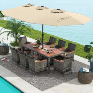 Tangkula 10 Pieces Patio Wicker Dining Set w/Double-Sided Patio Umbrella, Outdoor Acacia Wood Furniture Set w/ 8 Armchairs, 71” Dining Table & 15 ft Umbrella with Weighted Base (Beige)