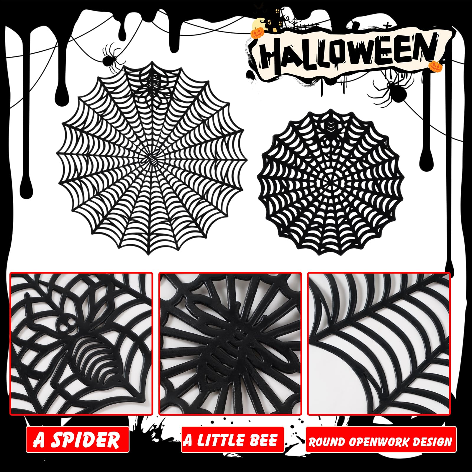 12 Pcs Halloween Spider Web Placemats and Coasters,15 Inch Heat Insulation Halloween Placemats,4 Inch Halloween Spider Web Coasters for Halloween Family Party Decoration Supplies (Black-12PCS)