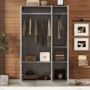 Bellemave 3 Doors Wardrobe Armoire, Armoire Wardrobe Closet with Hanging Rod, Wood Clothes Storage Cabinet Organizer, 3-Door Wardrobe Closet with Doors, Gray