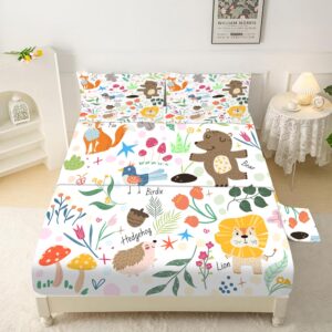 EDGZKO Sheet Set Cartoon Animals: Queen Size Cute Bed Sheets for Toddler Girls Boys Kids Deep Pocket Lovely Fox Bear Lion Flowers 4 Piece Bedding Sets 1 Flat Sheet & 1 Fitted Sheet & 2 Pillowcases