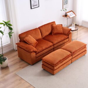 84" Stupendous Oversized Double Chaise Lounges Indoor, Comfy Corduroy Chaise Lounge Sleeper Chair with Ottoman, Convertible L Shaped Loveseat Deep Seat Modular Sectional Sofa for Living Room (Orange)