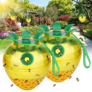 wasp traps outdoor hanging, yellow jacket wasp catcher for trapping hornet, non-toxic reusable wasp catcher for outdoors trapping wasp, wasp trap solar power outdoor with led light （2p-yellow）