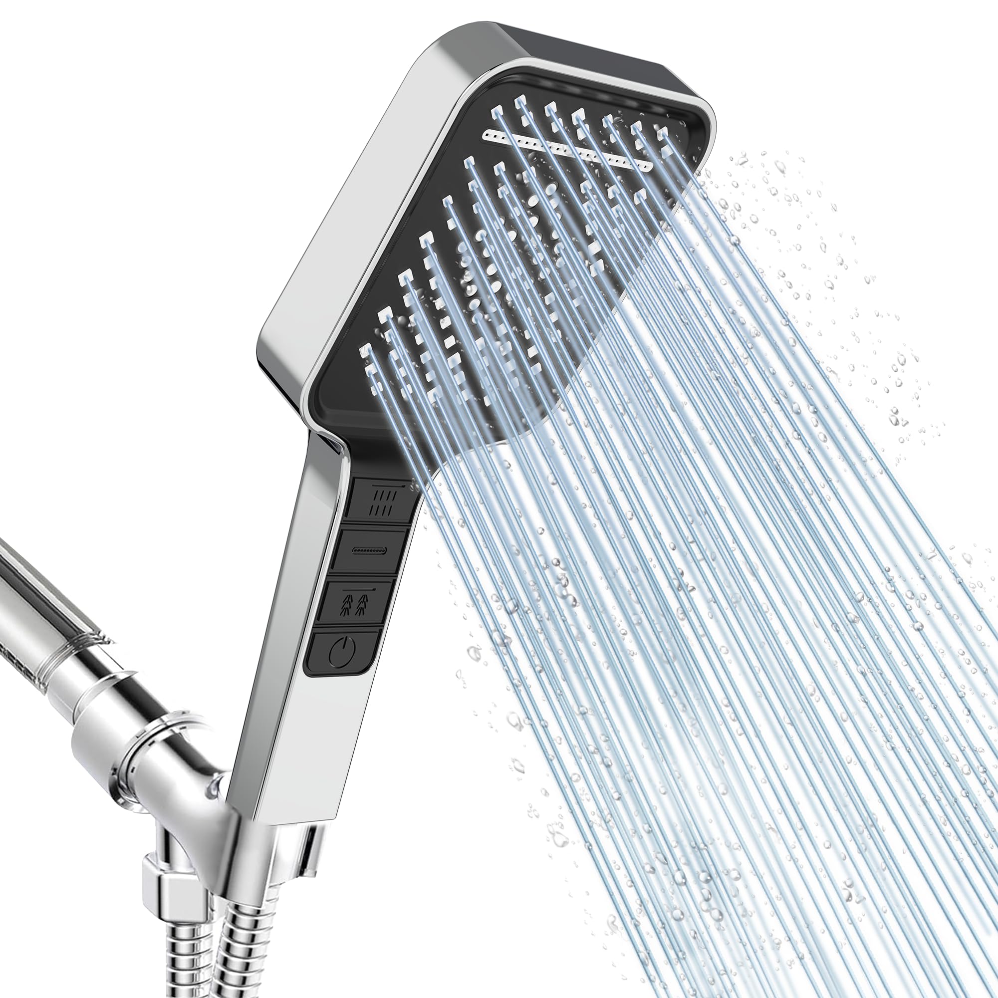 Sourog Modern Shower Head 7 DIY Sprays High Pressure Shower Head with Handheld, Detachable Shower Head with On/Off Button& Square Shower Head with 60 Chrome