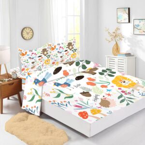 EDGZKO Sheet Set Cartoon Animals: Queen Size Cute Bed Sheets for Toddler Girls Boys Kids Deep Pocket Lovely Fox Bear Lion Flowers 4 Piece Bedding Sets 1 Flat Sheet & 1 Fitted Sheet & 2 Pillowcases