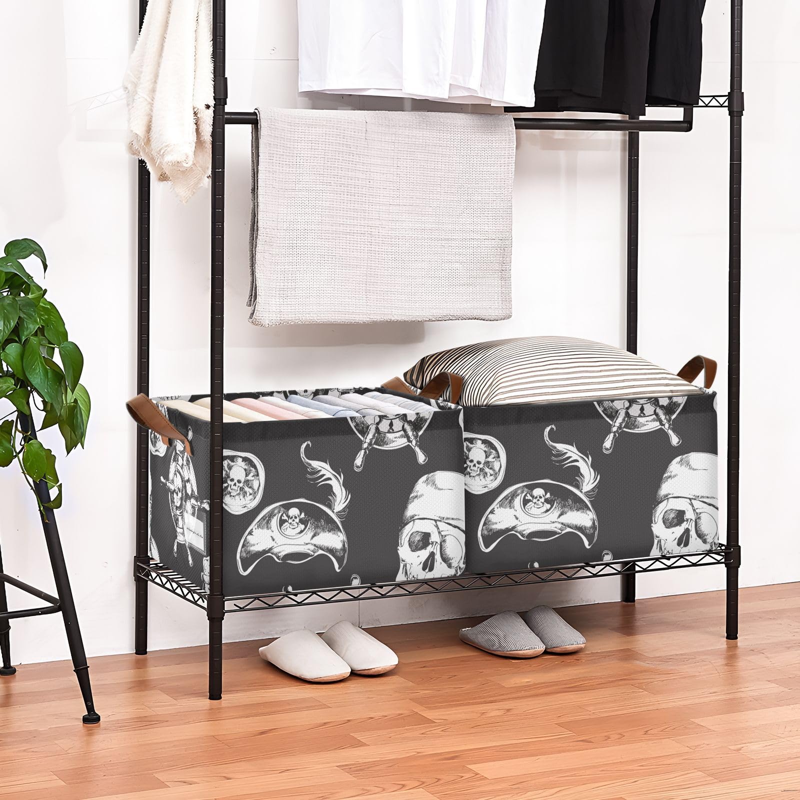 PDZRMY Open Storage Bin Pirate Skull Black Large Foldable Storage Box Storage Basket Organizer Bins with Leather Handles for Shelf Closet Bedroom Living Room Office Home 1 Pack