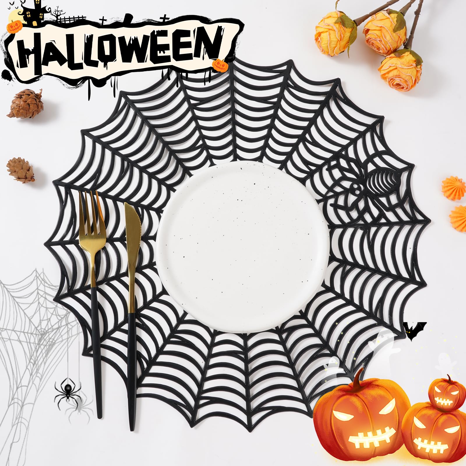 12 Pcs Halloween Spider Web Placemats and Coasters,15 Inch Heat Insulation Halloween Placemats,4 Inch Halloween Spider Web Coasters for Halloween Family Party Decoration Supplies (Black-12PCS)