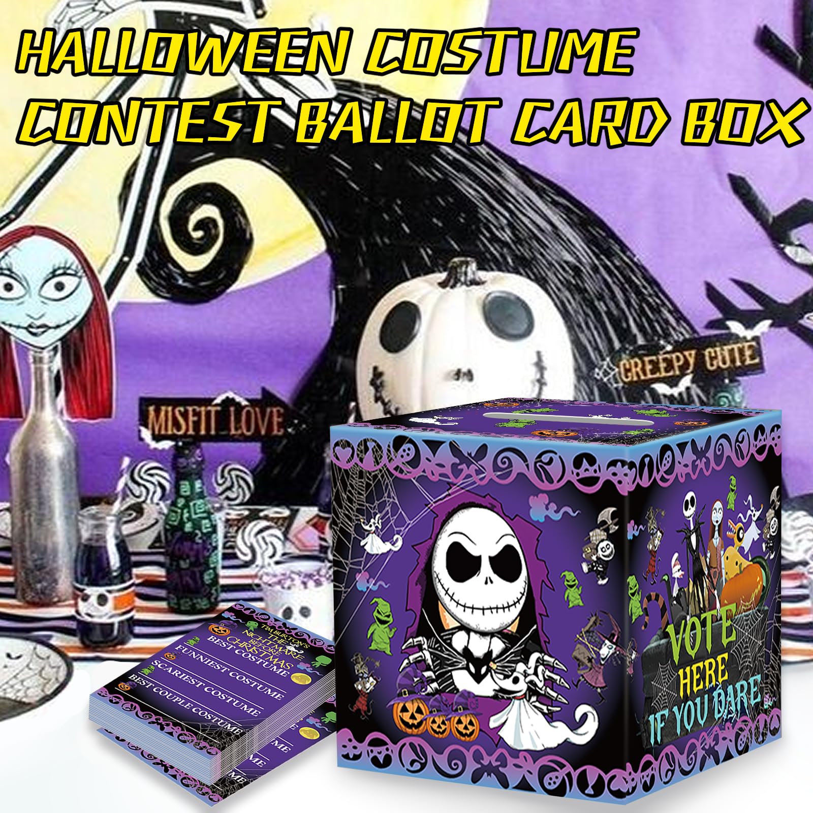 YNOUU Nightmare Before Christmas Party Ballot Kit Box with 50pcs Voting Cards Halloween Party Supplies Costume Contest Ballot Box for Halloween Party Home Office Game