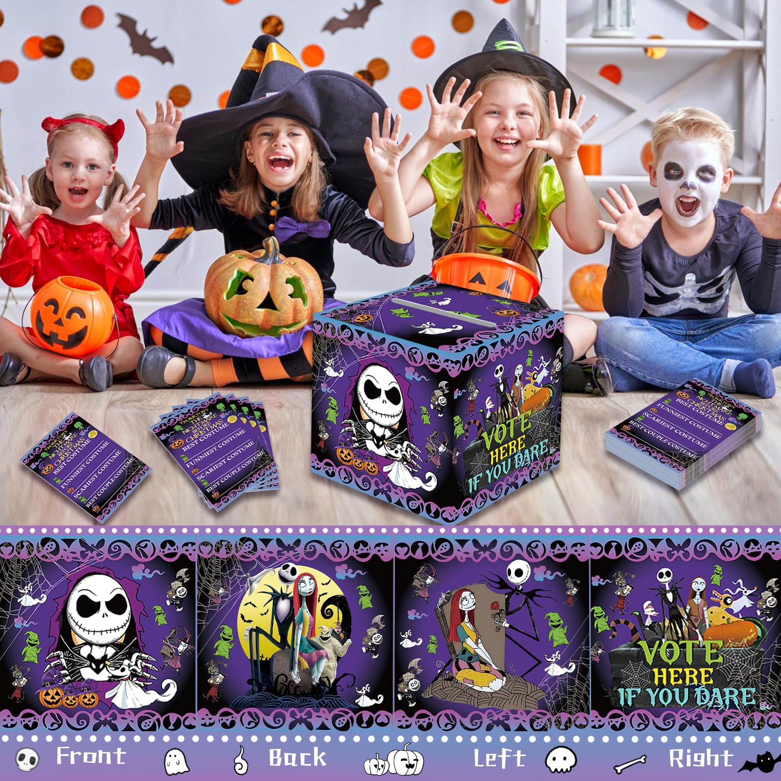 YNOUU Nightmare Before Christmas Party Ballot Kit Box with 50pcs Voting Cards Halloween Party Supplies Costume Contest Ballot Box for Halloween Party Home Office Game