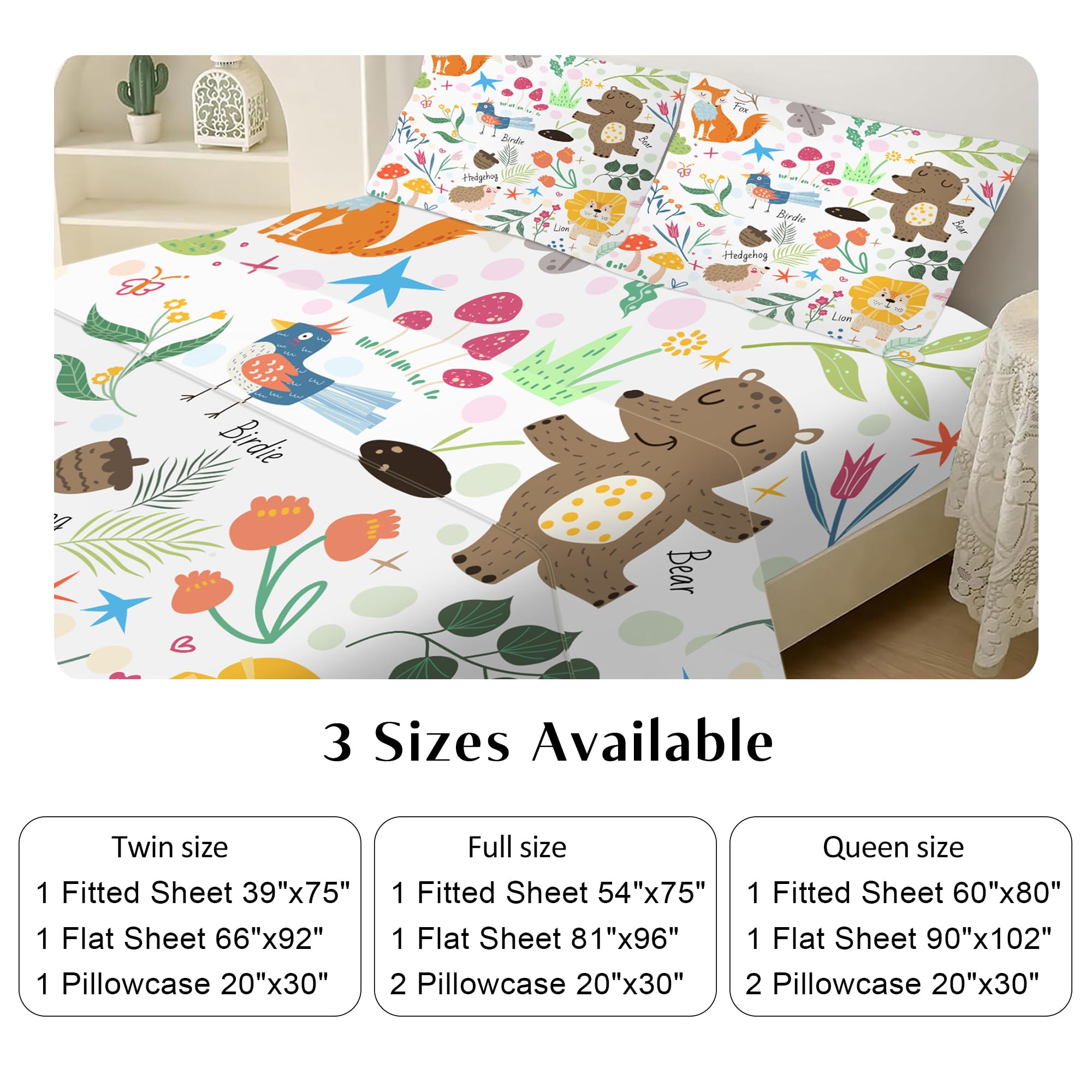 EDGZKO Sheet Set Cartoon Animals: Queen Size Cute Bed Sheets for Toddler Girls Boys Kids Deep Pocket Lovely Fox Bear Lion Flowers 4 Piece Bedding Sets 1 Flat Sheet & 1 Fitted Sheet & 2 Pillowcases