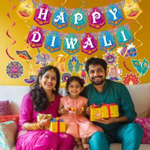 Diwali Decorations,Happy Diwali Banner with Diwali Hanging Swirls Decorations for Indian Diwali Festival Party Decoration Kit for Home.