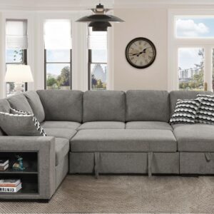 RENDGO 125'' U Shaped Oversized Sectional Sofa Couch with Cabinet,7 Seat Sectional Sleeper Sofa Bed with Storage Chaise, Pull Out Bed for Living Room,Grey