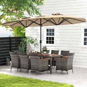 Tangkula 10 Pieces Patio Wicker Dining Set w/Double-Sided Patio Umbrella, Outdoor Acacia Wood Furniture Set w/ 8 Armchairs, 71” Dining Table & 15 ft Umbrella with Weighted Base (Beige)