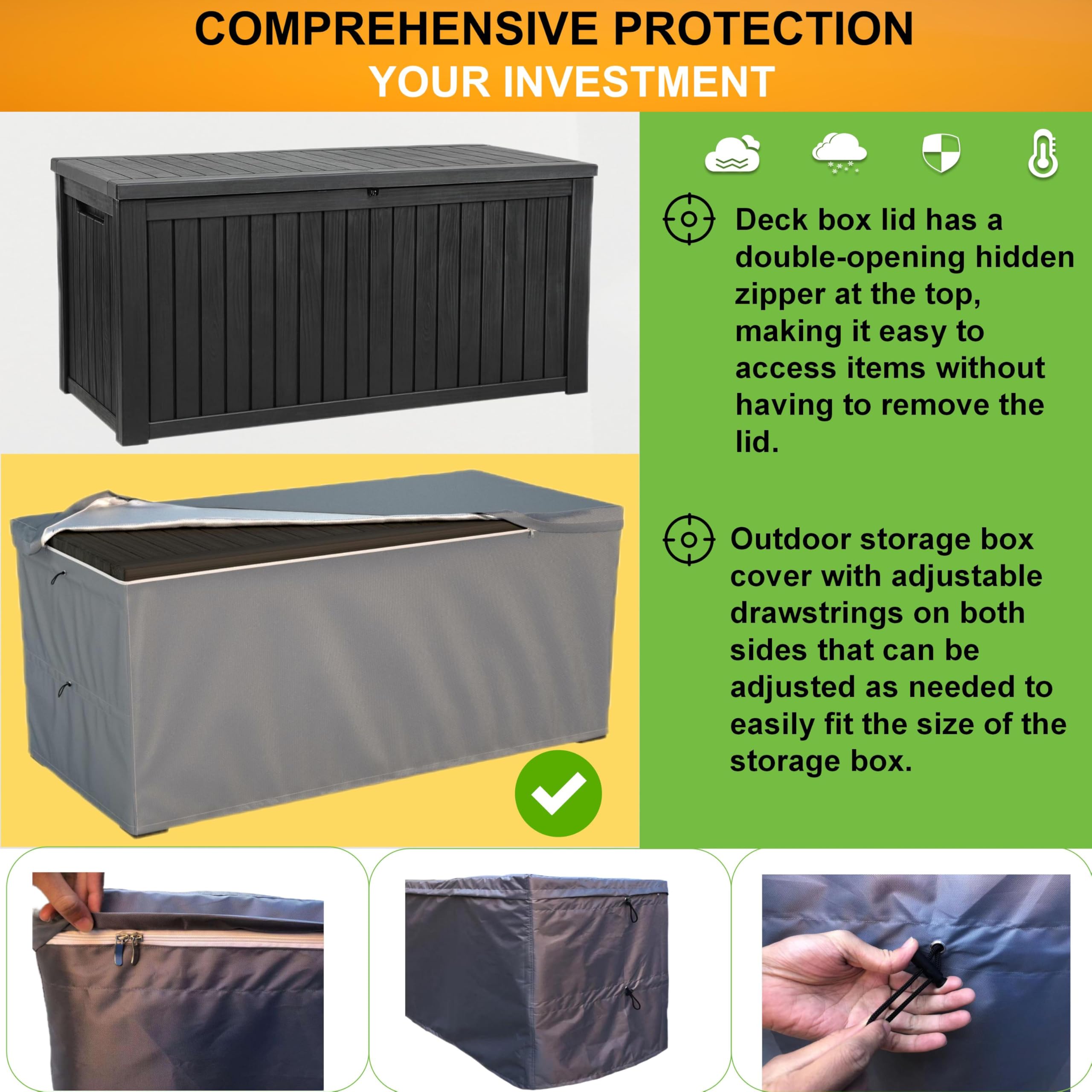 Deck Box Cover, Outdoor Large Storage Box Cover 150 Gallon Deck Box Dust Cover Heavy Duty 600D Oxford Fabric Patio Furniture Cover, Rain, Dust, UV, Wind, Snow Resistant, 62 x 25 x 28 Inches