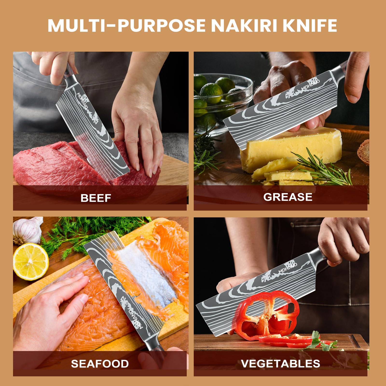 MDHAND 7" Nakiri Knife - Ultra Sharp Meat Cleaver Knife and Kitchen Knife, High Carbon Stainless Steel, Chef Knife for Home and Kitchen with Ergonomic Pakkawood Handle, Gifts for Women and Men