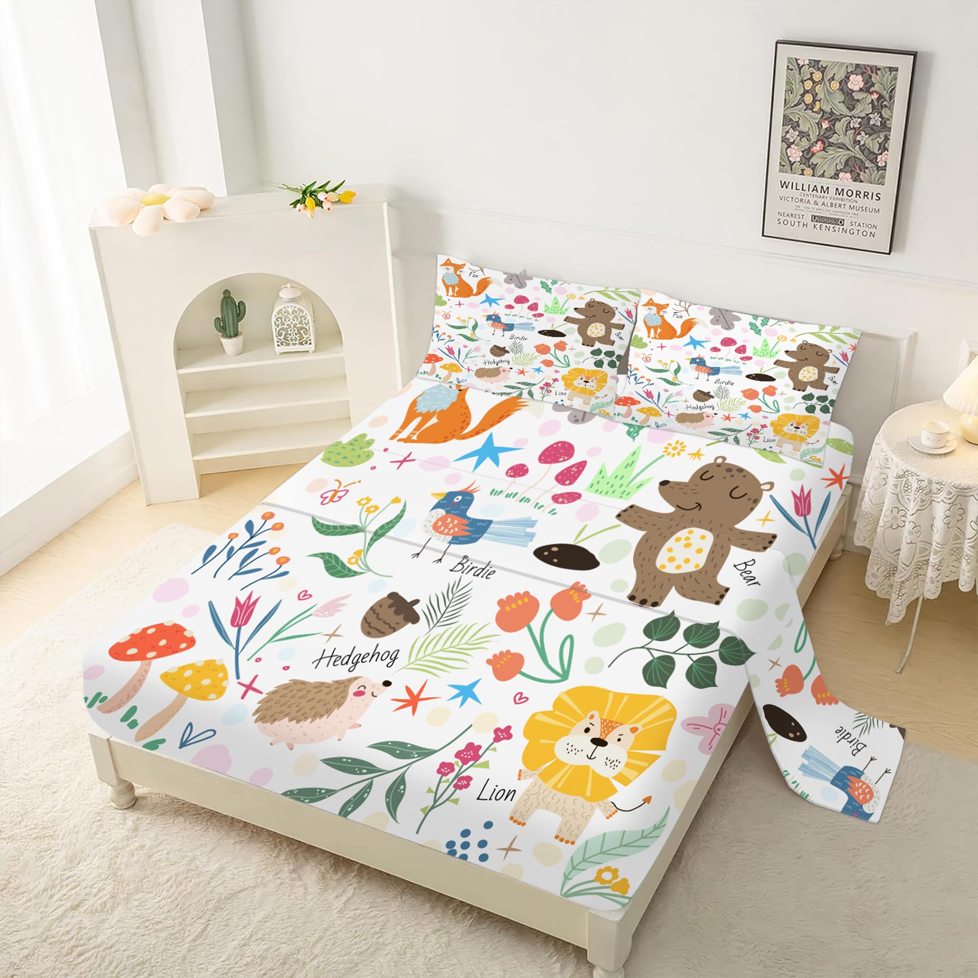 EDGZKO Sheet Set Cartoon Animals: Queen Size Cute Bed Sheets for Toddler Girls Boys Kids Deep Pocket Lovely Fox Bear Lion Flowers 4 Piece Bedding Sets 1 Flat Sheet & 1 Fitted Sheet & 2 Pillowcases