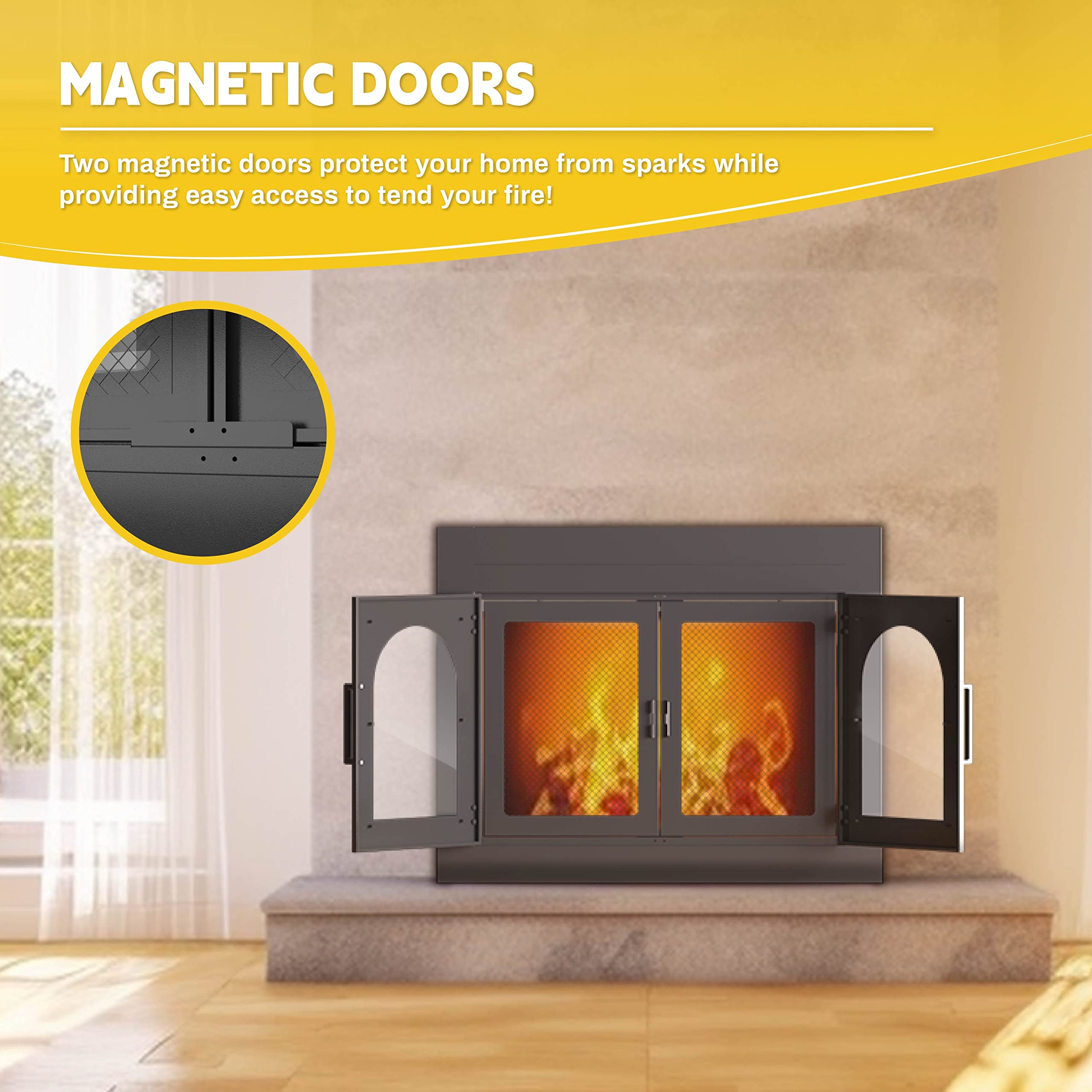 TOCRETOARE Fireplace Door, Fire Places Doors with Screen and Glass Decor Iron Mesh Guard and Magnetic Panels Fits Masonry Fireplaces Size 30in to 37in W x 22.7in to 29.5in H