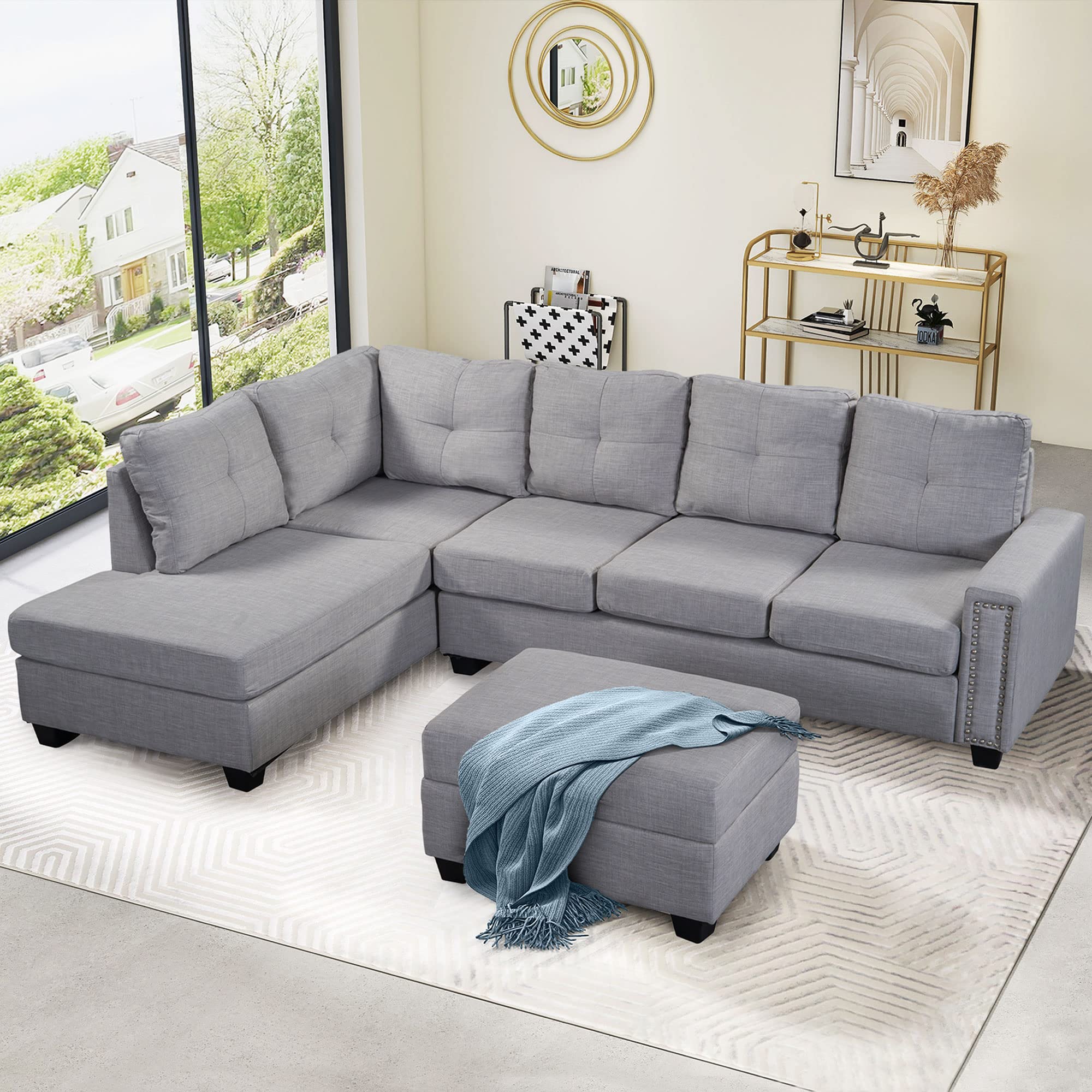 Favfurish 108 * 72.4" Reversible Sectional Sofa,with Storage Bench,L-Shaped Convertible Modular Couch,Rivet Ornament Backrest for Large Space,Dormitories,Living Rooms,Apartments,Light Gery