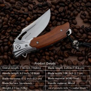 FORESAIL Flipper Pocket Folding Knife,M390 Steel Blade and Wood Handle. With leather case,men's pocket knife hiking trip EDC tool Knife.