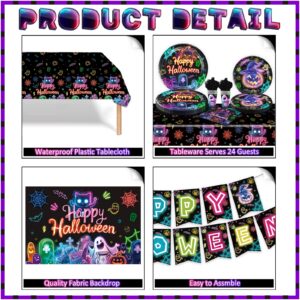 Glow Neon Party Supplies Tableware Set, 256 Pcs Let's Glow Halloween Party Decorations Include Neon Plates and Napkins Cups Glow Tablecloth Halloween Banner for Neon Baby Shower Party Decorations