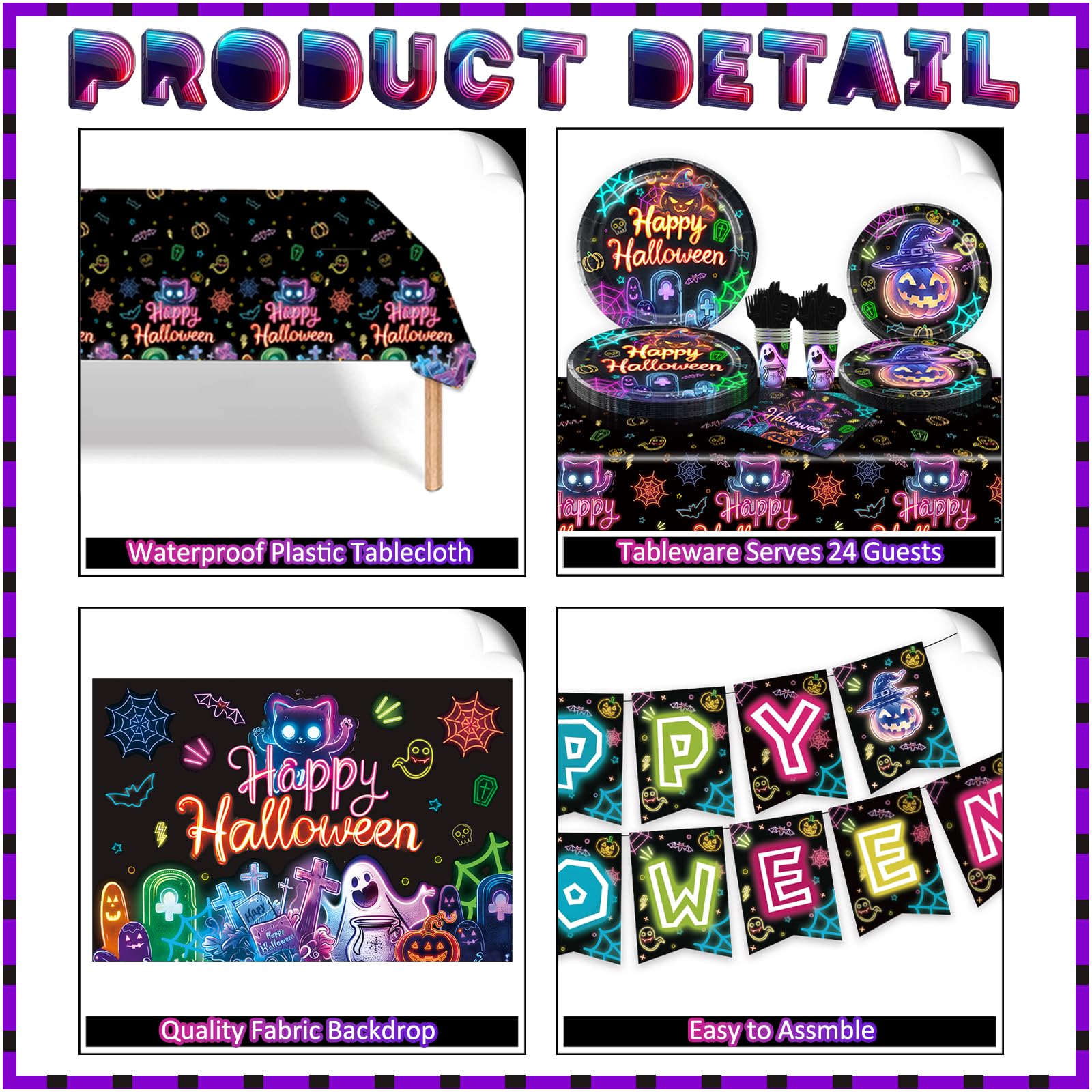 Glow Neon Party Supplies Tableware Set, 256 Pcs Let's Glow Halloween Party Decorations Include Neon Plates and Napkins Cups Glow Tablecloth Halloween Banner for Neon Baby Shower Party Decorations