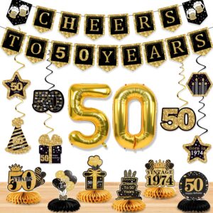 50th birthday decorations for men women，16pcs birthday table decorations，cheers to 50 years anniversary decorations，vintage 1974 honeycomb centerpieces swirls ballon kit party supplies