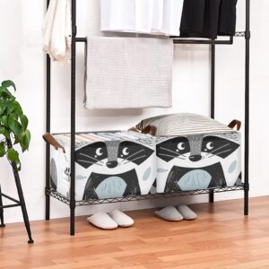 PDZRMY Open Storage Bin Cut Raccoon Large Foldable Storage Box Storage Basket Organizer Bins with Leather Handles for Shelf Closet Bedroom Living Room Office Home 1 Pack