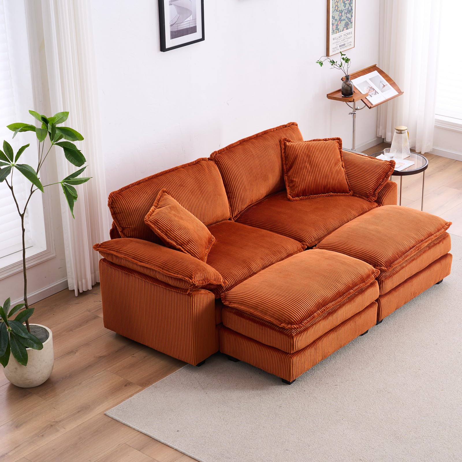 84" Stupendous Oversized Double Chaise Lounges Indoor, Comfy Corduroy Chaise Lounge Sleeper Chair with Ottoman, Convertible L Shaped Loveseat Deep Seat Modular Sectional Sofa for Living Room (Orange)