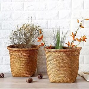 Generic Rattan Trash Basket Can,Woven Waste Storage Basket,Handmade Wicker Waste Basket Storage,Round Rattan Basket,Small Office Rubbish Cans for Bedroom Bathroom Kitchen Office Table