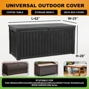 Deck Box Cover, Outdoor Large Storage Box Cover 150 Gallon Deck Box Dust Cover Heavy Duty 600D Oxford Fabric Patio Furniture Cover, Rain, Dust, UV, Wind, Snow Resistant, 62 x 25 x 28 Inches