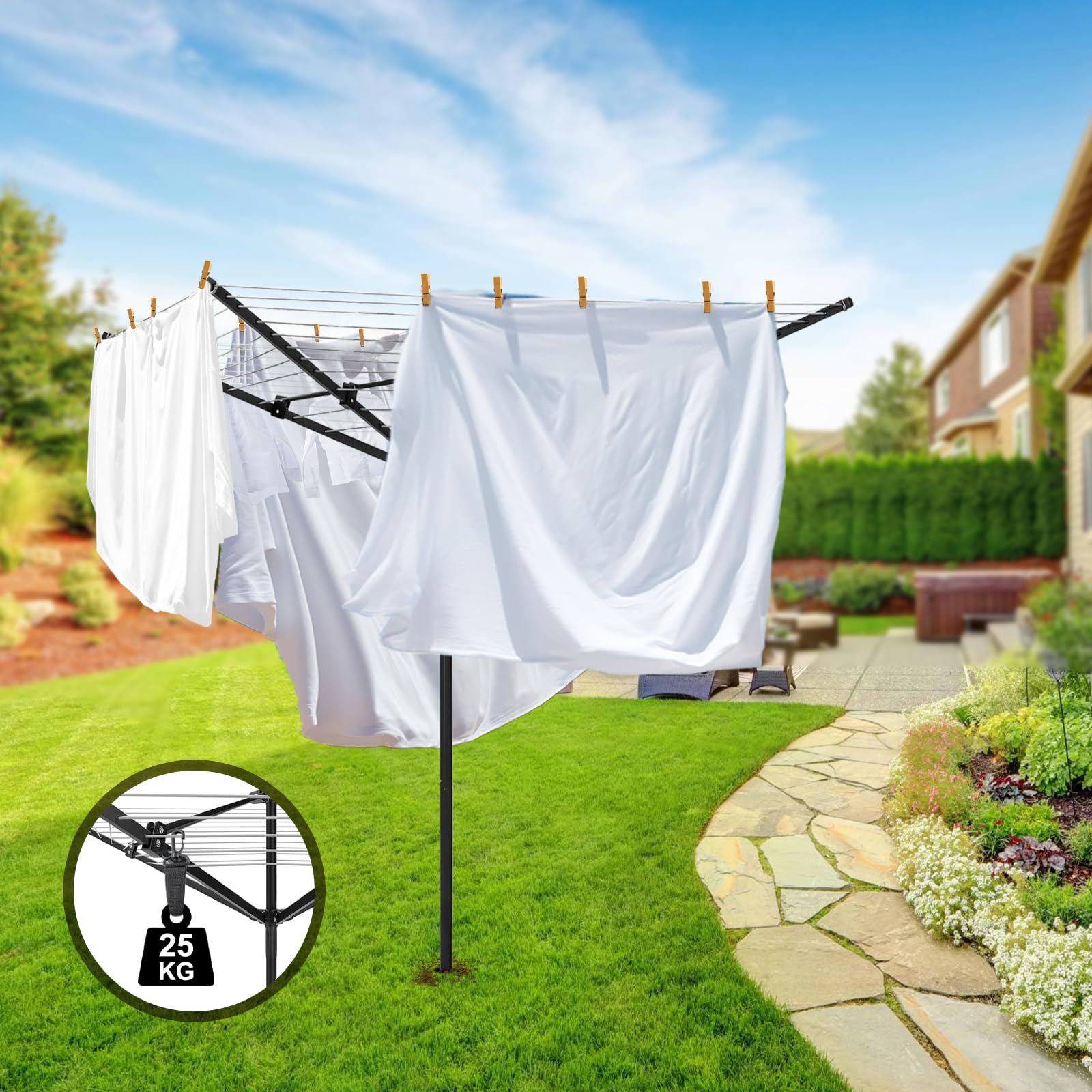 MEILANHUI Umbrella Clothesline Outdoor, Rotary Retractable Clothes Line Outdoors Adjustable Height Drying Rack Clothing 4 Arms 12 Lines with 165 Feet Heavy Duty Outdoor Clothesline for Backyard